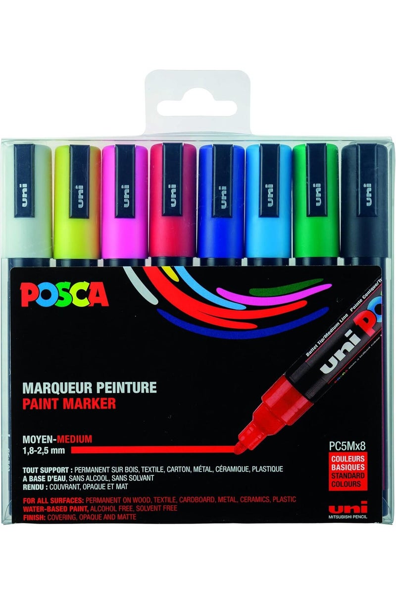 Uni Posca Acrylic Paint Marker Set, 8 Colors with Medium Size Tips - Image 1